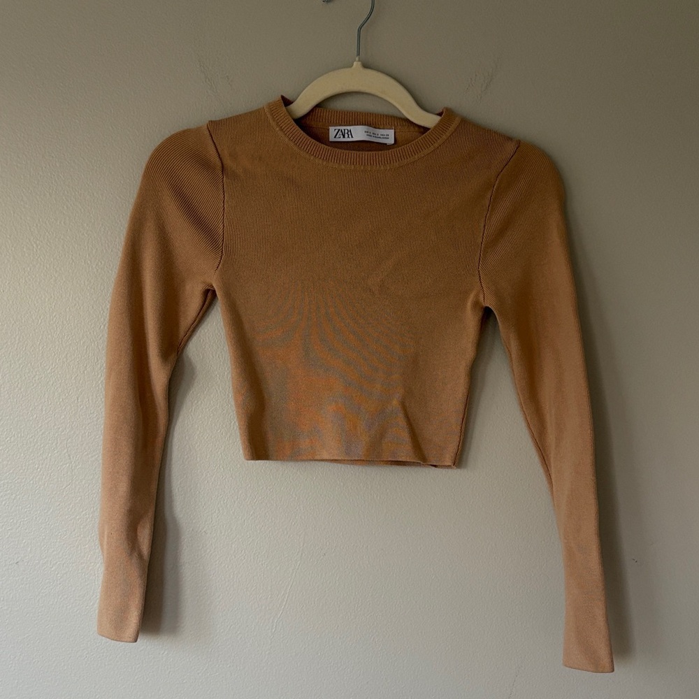 Zara Camel Ribbed Long-Sleeve Crewneck Crop Top